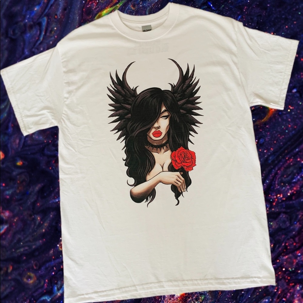 Rebel Raven Original Gothic Girl holding Rose Tee